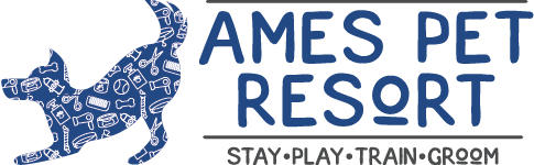 Ames Pet Resort logo with tagline at bottom that reads 